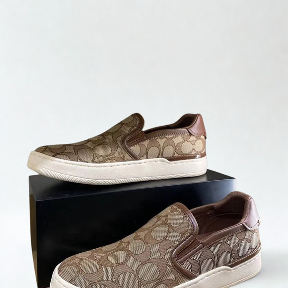 Coach Wells Slip On Sneakers C4393 Sig PVC Khaki Saddle Women’s 9B NIB - Picture 4 of 12